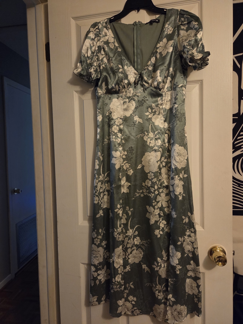 Floral V-Neck Satin Midi Dress in Sage Green